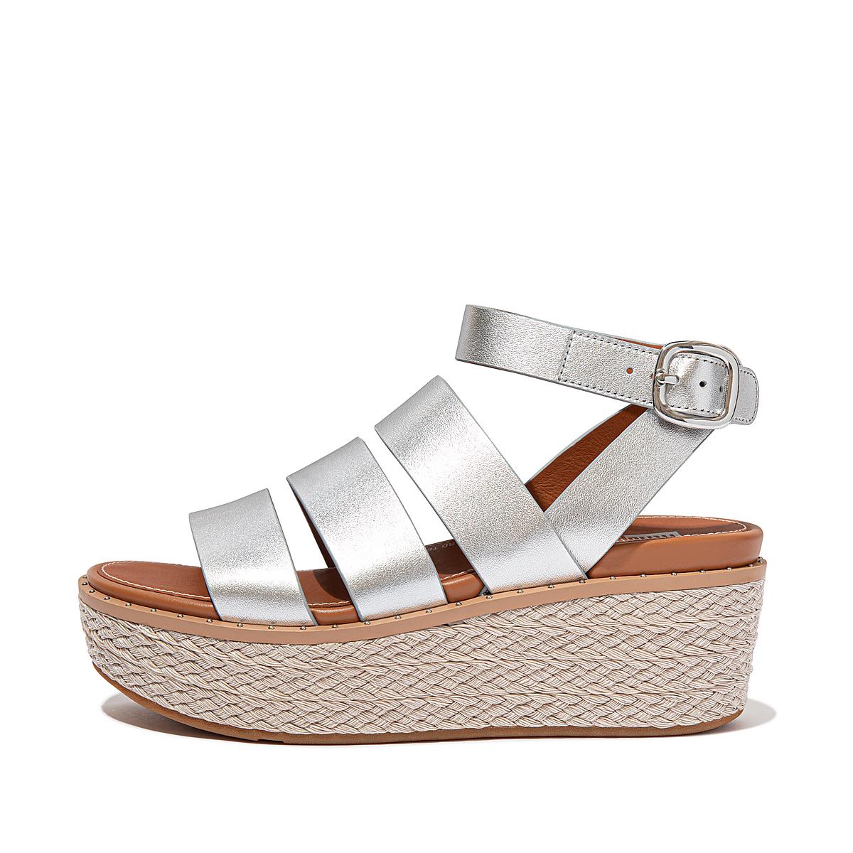 Fitflop Women's ELOISE Espadrille Leather Wedge Sandals - Silver, BJ1749503